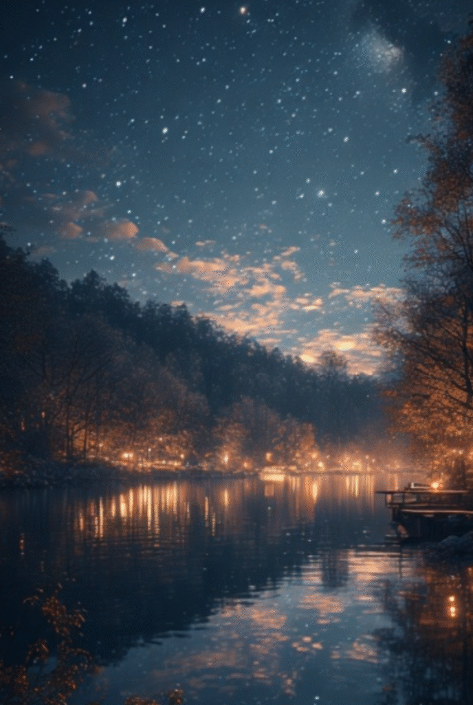 starry night tree lined riverbank with a dock on rivers edge
