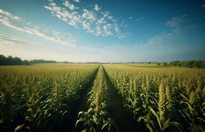 A I generated image of a cornfield with blue sky that has a few clouds