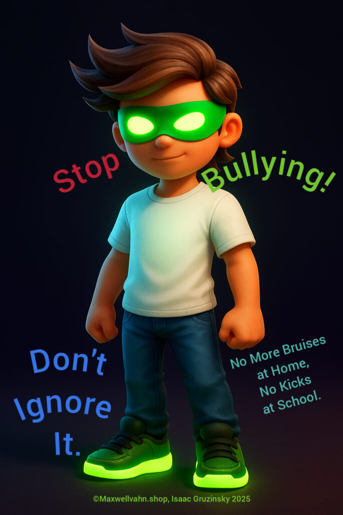 Boy with green bandit that has glowing eyes. He is wearing neon shoes, jeans, and white t-shirt. Logos represent anti-bullying.